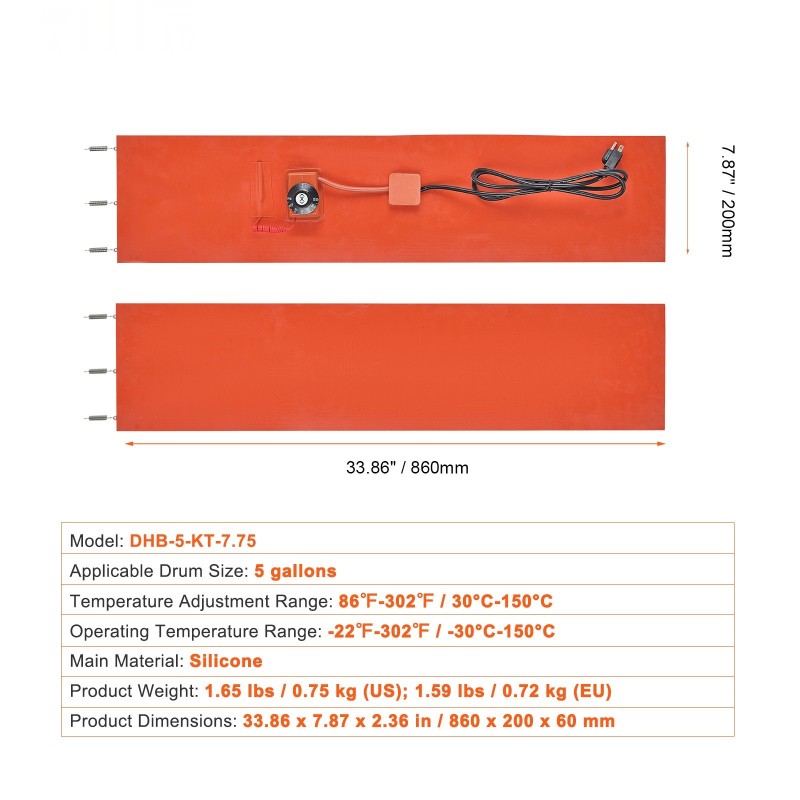 Metallitynnyrin silikonipäällysteinen lämmitin 5 gallonin 18,9 l 800 W säädettävä 30–150°C