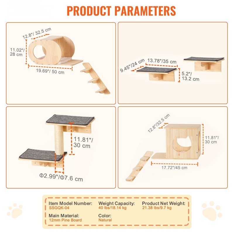 Seinäkiinnitteinen 7-osainen kissojen hyllysetti 12 mm mäntypuuta 18 kg kantavuus