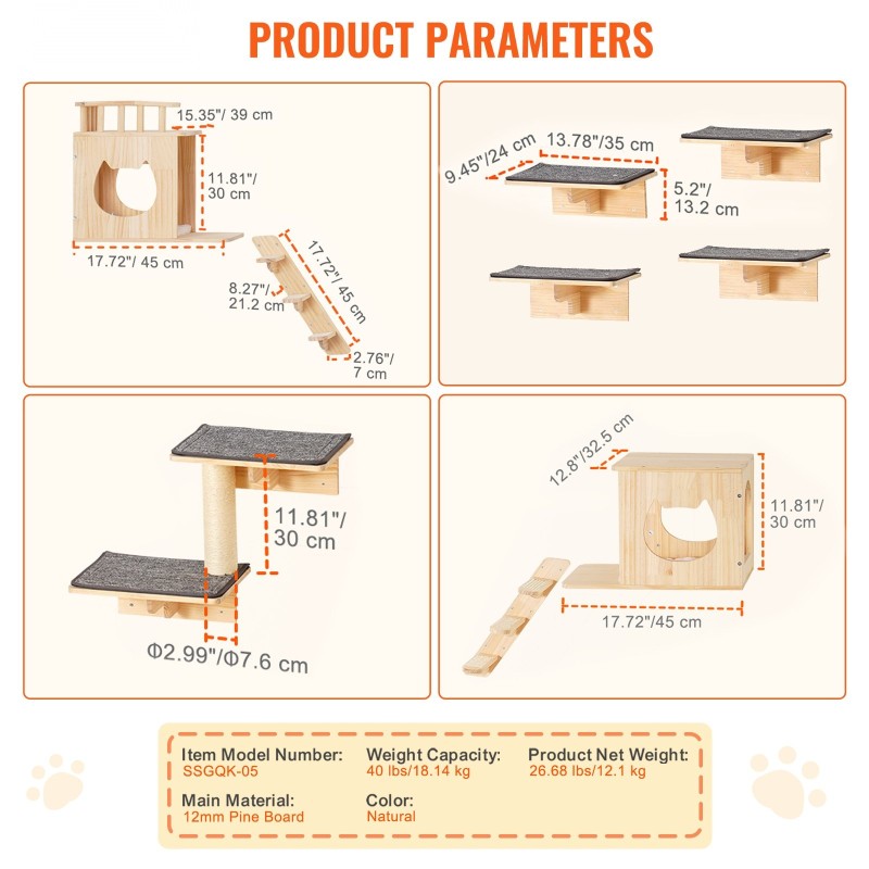 Seinälle asennettava 9-osainen kissahyllysetti 12 mm mäntypuusta kantavuus 18 kg