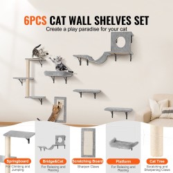 Seinäkiinnitteinen kuusiosainen kissanhyllysetti lastulevyllä ja metallirungolla kiipeilyyn ja nukkumiseen