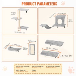 Seinäkiinnitteinen kuusiosainen kissanhyllysetti lastulevyllä ja metallirungolla kiipeilyyn ja nukkumiseen
