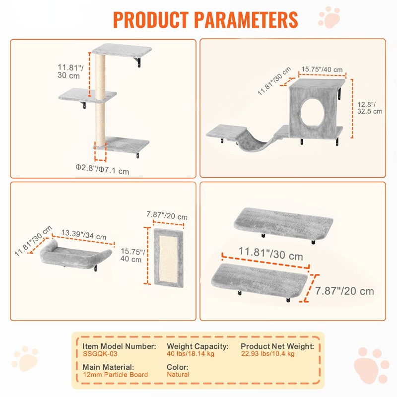 Seinäkiinnitteinen kuusiosainen kissanhyllysetti lastulevyllä ja metallirungolla kiipeilyyn ja nukkumiseen