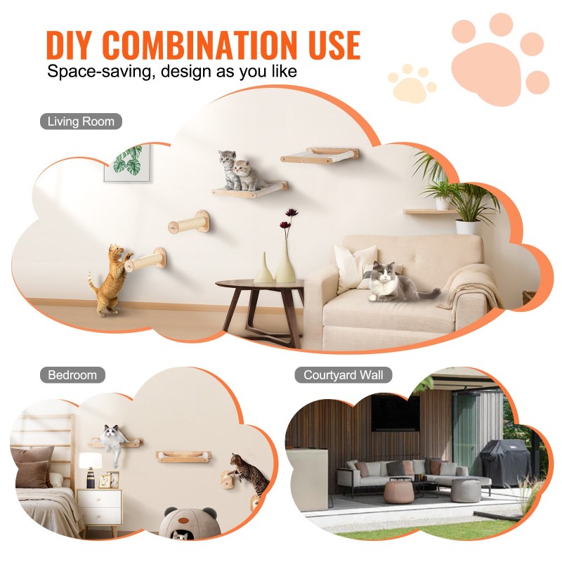 Seinäkiinnitteinen tamminen kissahyllysetti 4 osaa 2 tolppaa 2 riippumattoa pestävät korallifleece-päälliset
