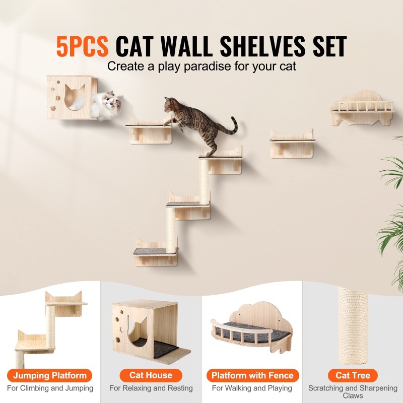 Seinälle asennettava 5-osainen kissahyllysetti 12 mm mäntypuuta kantavuus 18 kg