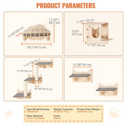 Seinälle asennettava 5-osainen kissahyllysetti 12 mm mäntypuuta kantavuus 18 kg