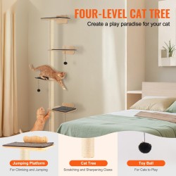 Seinään asennettava pehmustettu kissahylly neljä tasoa neljä pylvästä mäntypuuta