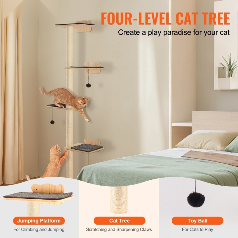 Seinään asennettava pehmustettu kissahylly neljä tasoa neljä pylvästä mäntypuuta