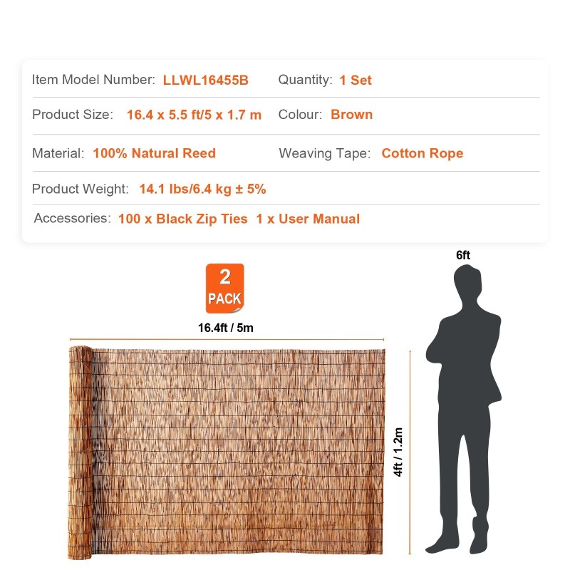 Ruokoaitarulla luonnollinen ruoko 5 m x 1,2 m 2 kpl ruskea