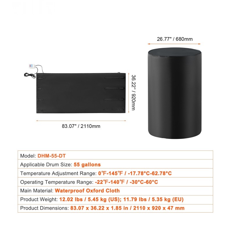 Tynnyrilämmitin vesitiivisestä Oxford-kankaasta 208,2 l metallitynnyrille 1300 W säädettävällä termostaatilla