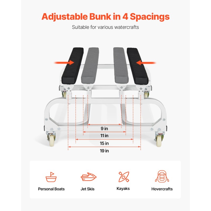 Vesikulkuneuvokärry teräsrunko 454 kg kantavuus säädettävät tukipalkit jarrulliset nailonpyörät