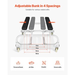 Vesikulkuneuvon siirtovaunu hiiliteräsrunko 590 kg kantavuus säädettävät tukipukit 4 pyörää 2 jarrua
