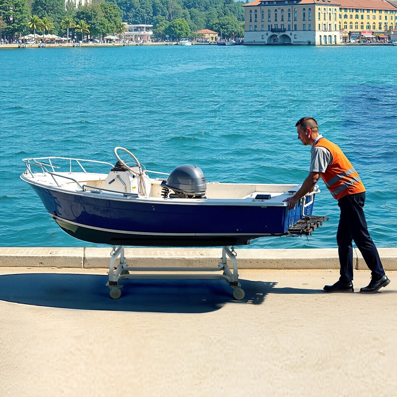 Vesikulkuneuvon siirtovaunu hiiliteräsrunko 590 kg kantavuus säädettävät tukipukit 4 pyörää 2 jarrua