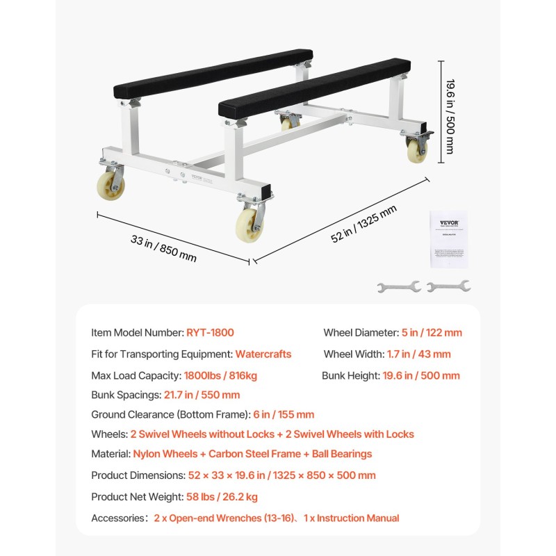 Vesikulkuneuvojen siirtovaunu hiiliteräsrunko 816 kg kantavuus 4 pyörää joista 2 jarrullista