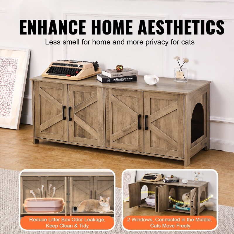 Kissan hiekkalaatikkokaappi 12 mm lastulevy kaksoishuoneilla kahdelle kissalle harmaabeige