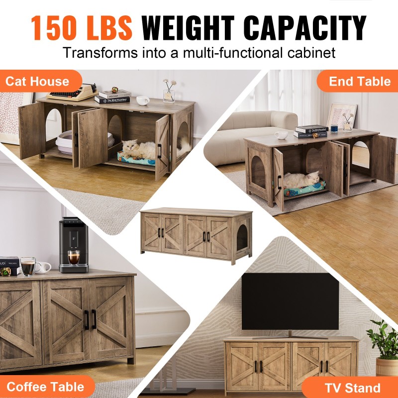 Kissan hiekkalaatikkokaappi 12 mm lastulevy kaksoishuoneilla kahdelle kissalle harmaabeige