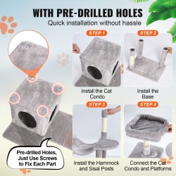 Kissapuu lastulevy 143 cm 6 tasoa sisalilla päällystetyt pylväät riippumatto koppi vaaleanharmaa