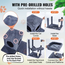 Monitasoinen kissan kiipeilypuu 143 cm korkea tummanharmaa sisalköydillä 6 tasoa