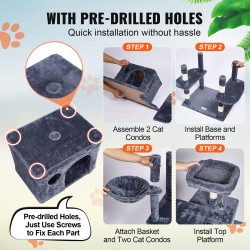 Monitasoinen kissan raapimispuu lastulevy sisalpylväät 174 cm korkea 2 mökkiä tummanharmaa