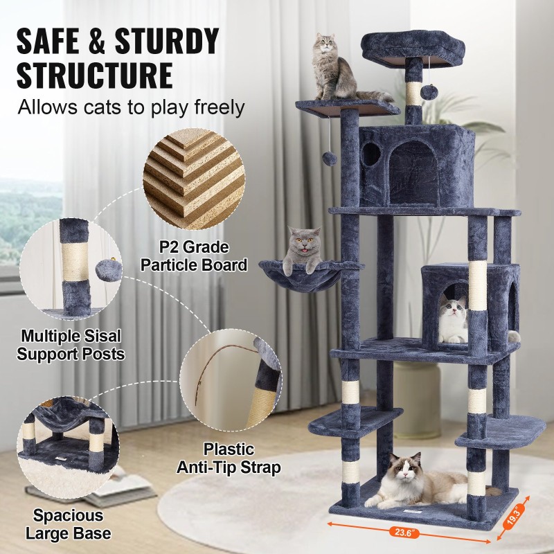Monitasoinen kissan raapimispuu lastulevy sisalpylväät 174 cm korkea 2 mökkiä tummanharmaa