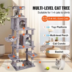 Monitasoinen kissapuu 8 tasoa 2 kissakoloa sisalpylväät riippumatto vaaleanharmaa 174 cm