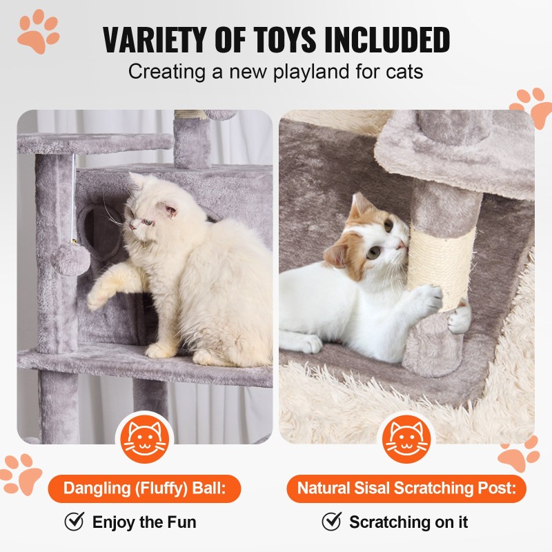 Monitasoinen kissapuu 8 tasoa 2 kissakoloa sisalpylväät riippumatto vaaleanharmaa 174 cm