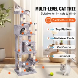 Kissanraapimispuu lastulevyinen vaaleanharmaa 160 cm korkea 7 tasoa sisalköysillä 2 kissakotia