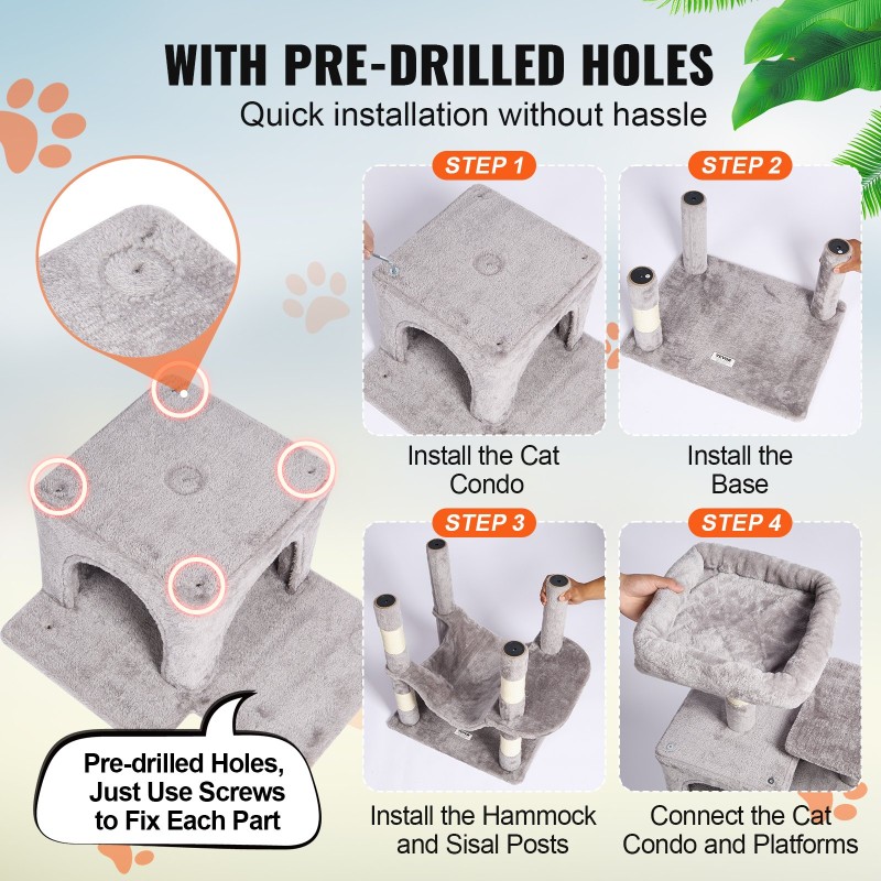 Kissanraapimispuu lastulevyinen vaaleanharmaa 160 cm korkea 7 tasoa sisalköysillä 2 kissakotia
