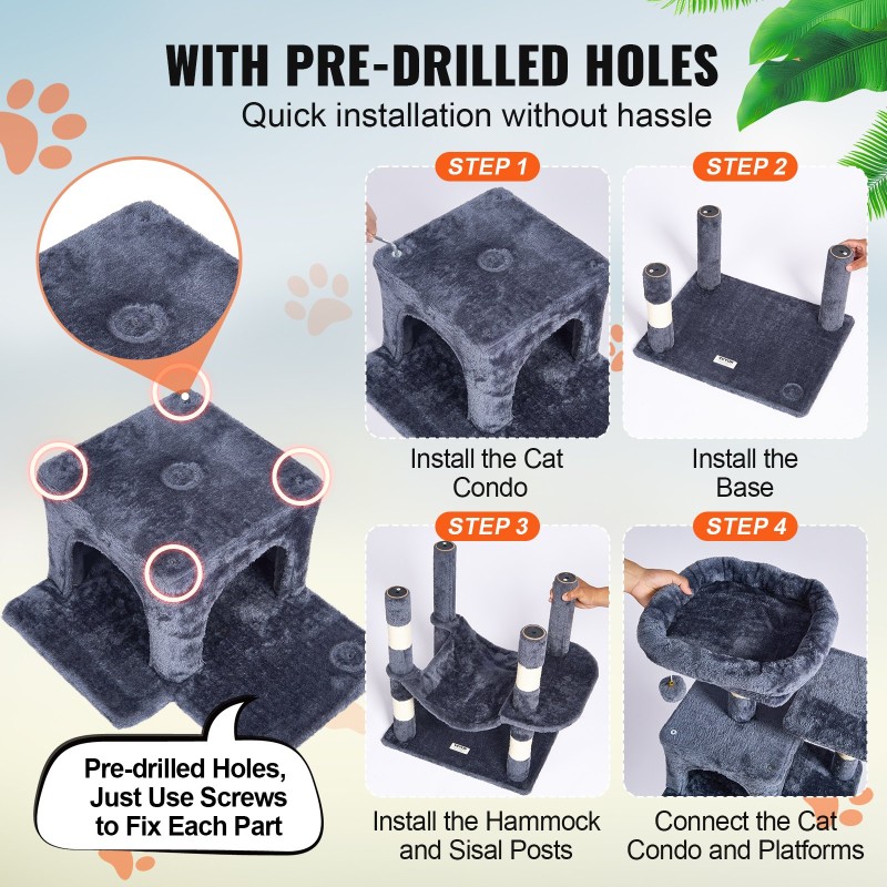 Kissan kiipeilypuu 7 tasoa 160 cm tummanharmaa sisalraapimapylväät 2 kissakotia riippumatto