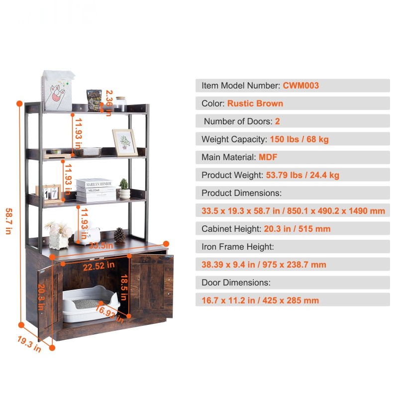 Kissan hiekkalaatikon piilotettava kaappi MDF tummanruskea kolme hyllyä kaksi ovea