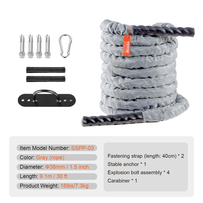 Polyesterinen harjoitusköysi 9,1 metriä 38 millimetriä 7,3 kiloa harmaa suojasukka