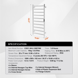 Seinäasennettava 10-putkinen ruostumattomasta teräksestä valmistettu pyyhekuivain 1000×500 mm viisi lämpötilatasoa