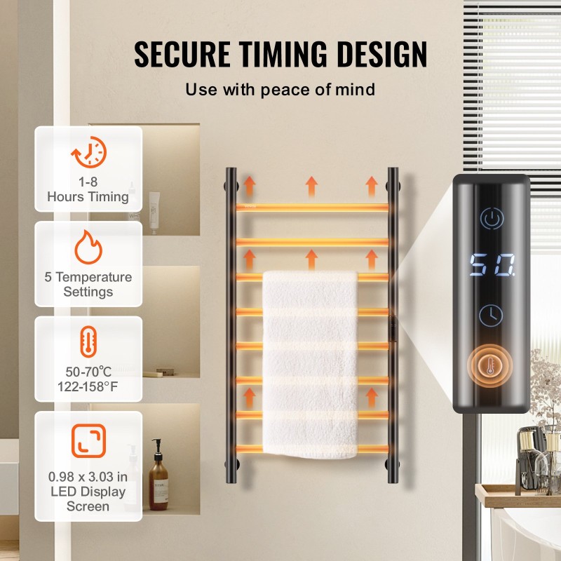 Pyyhekuivain seinäkiinnitteinen ruostumaton teräs kahdeksan poikkoputkea vesitiivis ajastin viisi lämpötasoa