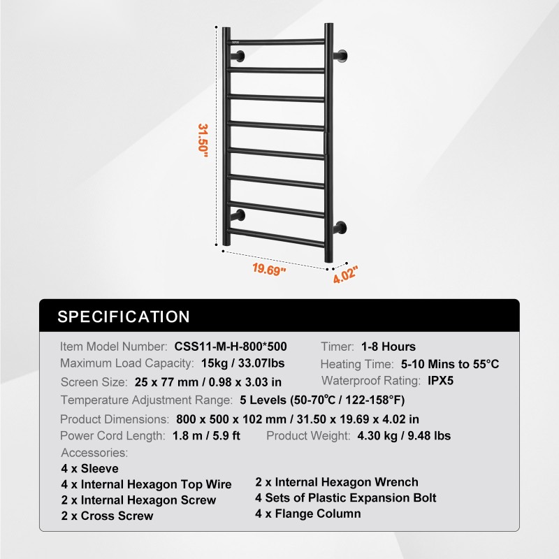 Pyyhekuivain seinäkiinnitteinen ruostumaton teräs kahdeksan poikkoputkea vesitiivis ajastin viisi lämpötasoa