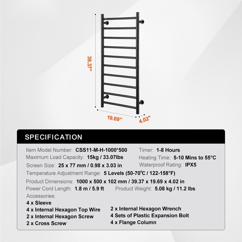 Pyyhekuivain 10-putkinen teräksinen seinään asennettava IPX5 ajastin LED-näyttö 50–70 °C