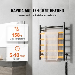 Seinäasennettava ruostumaton teräs pyyhelämmitin kuusi tankoa IPX5 viisiasteinen lämpötilansäätö ajastin LED-näyttö