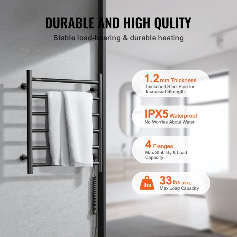 Seinäasennettava ruostumaton teräs pyyhelämmitin kuusi tankoa IPX5 viisiasteinen lämpötilansäätö ajastin LED-näyttö