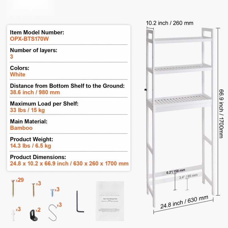 Vessan yläpuolinen bambuhylly kolmitasoinen säädettävällä keskitasolla valkoinen vapaasti seisova kolmella koukulla