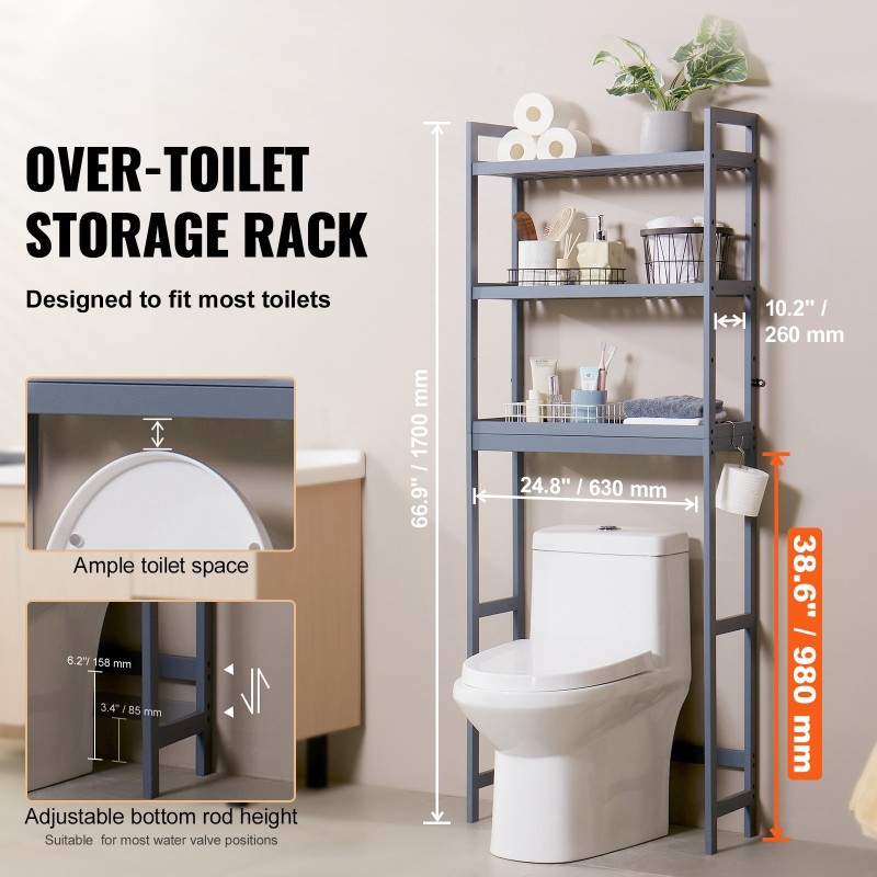 Wc-istuimen yläpuolelle sijoitettava kolmitasoinen bambuhylly harmaa vapaasti seisova säädettävällä keskitasolla