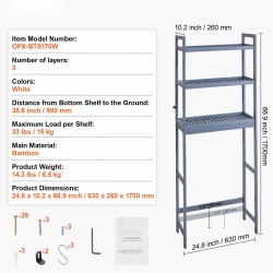 Wc-istuimen yläpuolelle sijoitettava kolmitasoinen bambuhylly harmaa vapaasti seisova säädettävällä keskitasolla