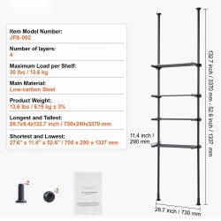 Wc:n yläpuolelle asennettava 4-tasoinen säädettävä alumiini-teräs hylly 1337–3370 mm