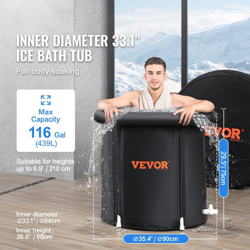 Jääkylpyamme 90 cm 370 l täytettävä kolmikerroksinen komposiittimateriaali taitettava mukana kansi