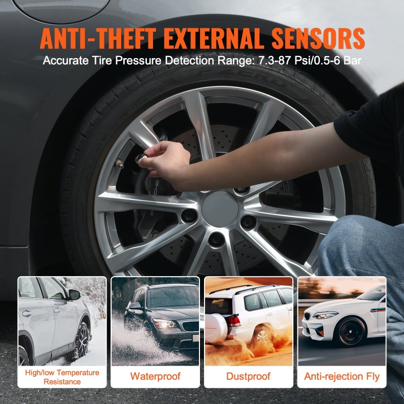 Rengaspaineen valvontajärjestelmä 4 vedenpitävää ulkoisanturia 7,3–87 PSI aurinkolataus USB-lataus reaaliaikainen näyttö