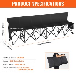 Taittuva 6-paikkainen penkki selkänojalla sivutaskuilla 600D Oxford-kangas metallirungolla musta kantolaukulla