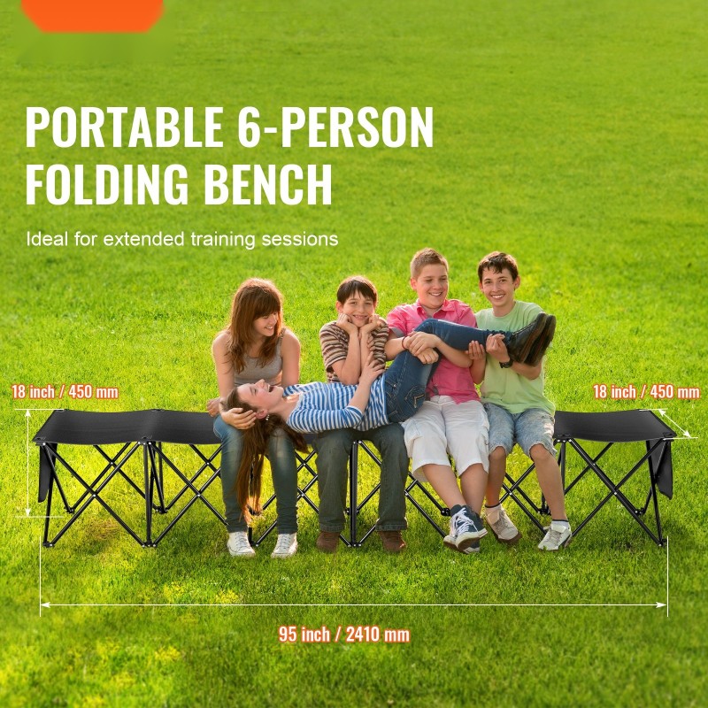 Taittuva kangaspenkki 6-paikkainen 600D Oxford-kangas metallirunko sivutaskuilla kantolaukulla musta