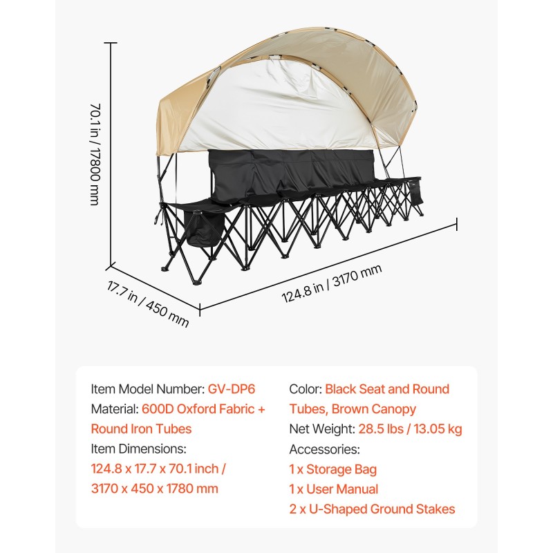Taittuva 6-paikkainen penkki 600D Oxford-kankaalla rautaputkilla aurinkokatoksella säilytystaskuilla mukitelineillä