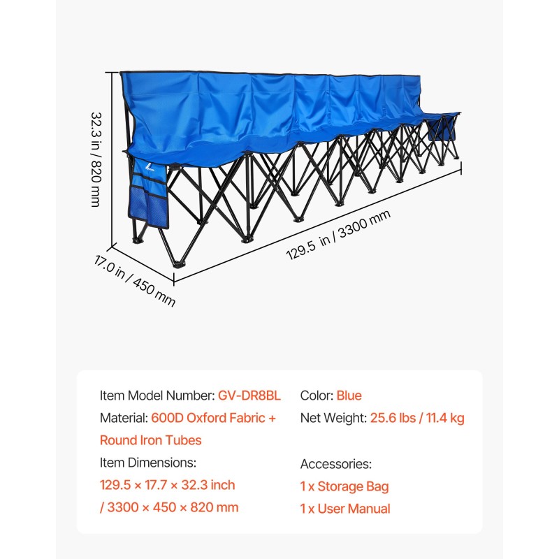 Taitettava 8-paikkainen penkki 600D Oxford-kangas pyöreät rautaputket selkänojalla sivutaskuilla kantolaukulla sininen