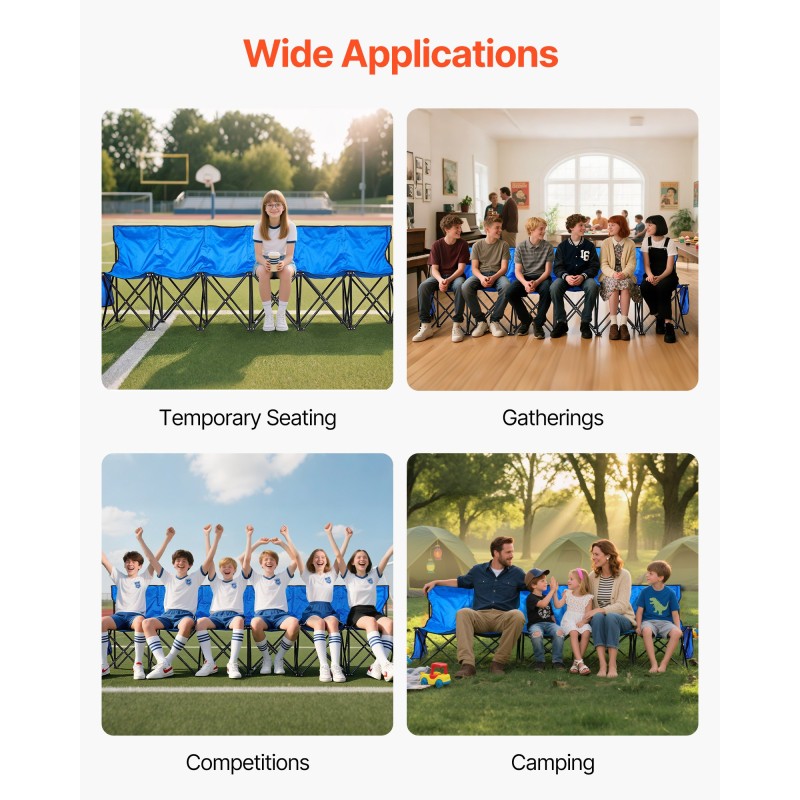 Taitettava 6-paikkainen penkki selkänojalla 600D kangas rautaputkilla sininen kantolaukulla ulkotapahtumiin