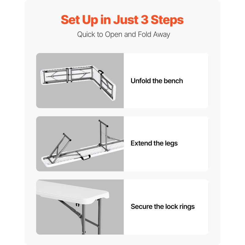 Taitettava HDPE-muovipenkki 182 cm 2 kpl sisä ja ulkokäyttöön valkoinen