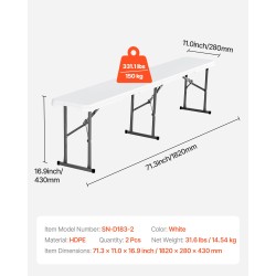 Taitettava HDPE-muovipenkki 182 cm 2 kpl sisä ja ulkokäyttöön valkoinen