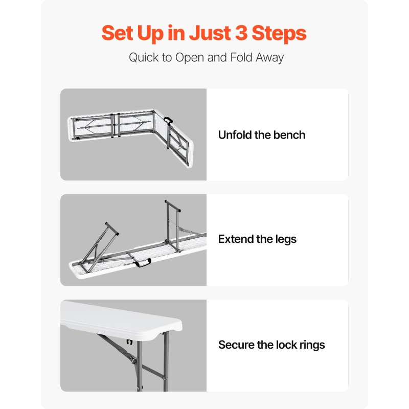 Taitettava penkki muoviistuin teräsjalat 182 cm valkoinen 1 kpl sisä ja ulkokäyttö